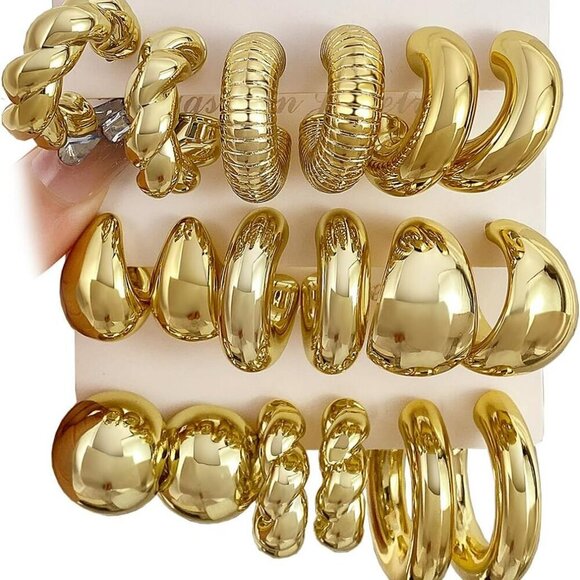 24 Pairs Gold Hoop Earrings Set for Women Hypoallergenic Chunky Chain Tw… - Picture 1 of 7